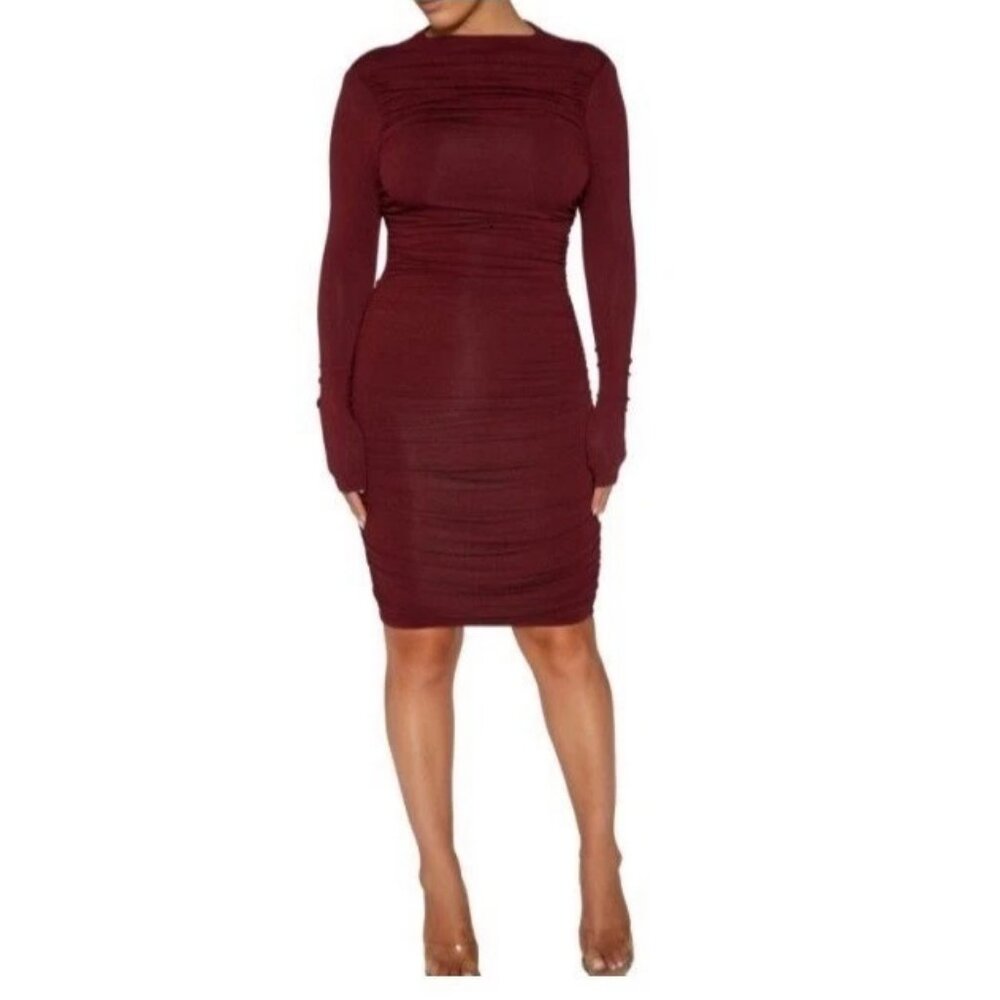 Naked Wardrobe Women's Back To The Ruched Bodycon Dress, Wine Dark Red, XS